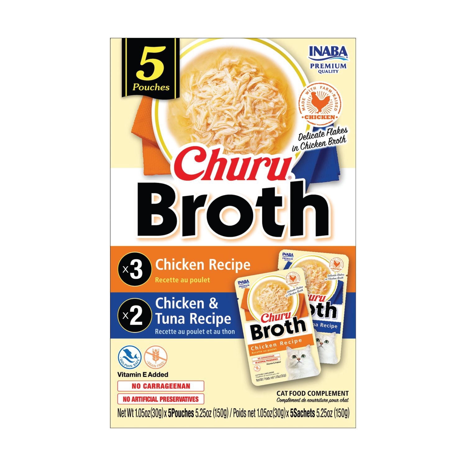 INABA Churu Broth for Cats - Chicken and Tuna Variety Pack - Chicken Recipe (es) & Chicken & Tuna Recipe (es) - Silky Broth with Free-range Shredded Chicken Side Dish Pouch 4.99kg