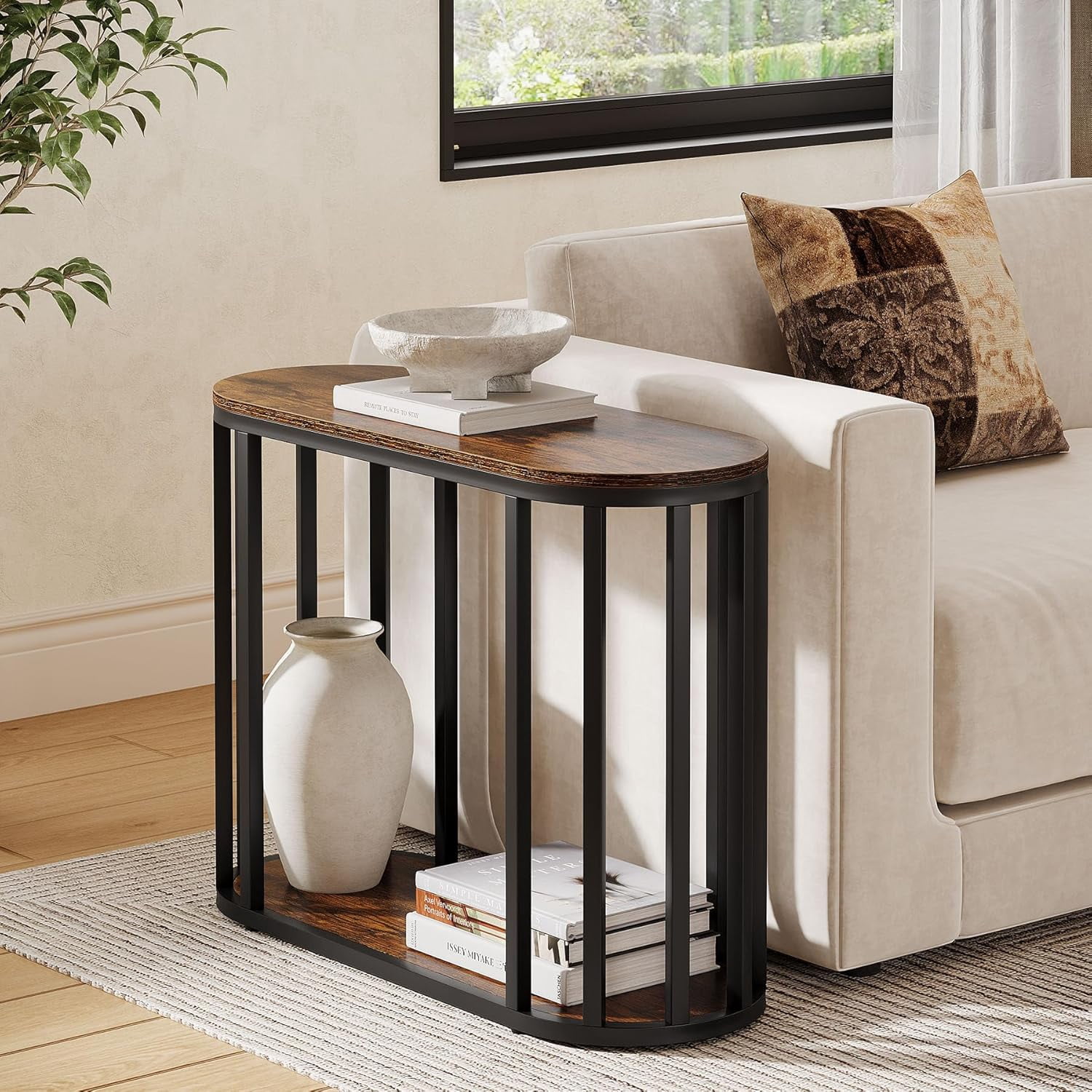 2-Tier Industrial Side Table with Black Metal Frames, Small Nightstand Bedside Table for Living Room, Bedroom, Rustic Brown, 31.5"D x 11.81"W x 23.62"H (1)