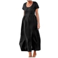 thumbnail image 1 of Robes Boho pour Femmes Été Plage Coton Lin Robe Maxi Col Ras du Cou Manches Courtes Fendue Vacances Robe Longue Unie, 1 of 4