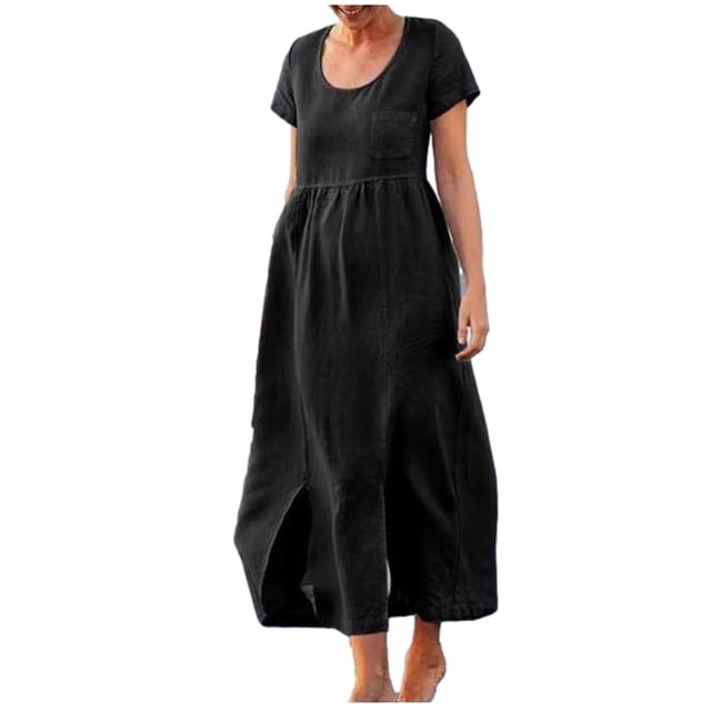 Robes Boho pour Femmes Été Plage Coton Lin Robe Maxi Col Ras du Cou Manches Courtes Fendue Vacances Robe Longue Unie