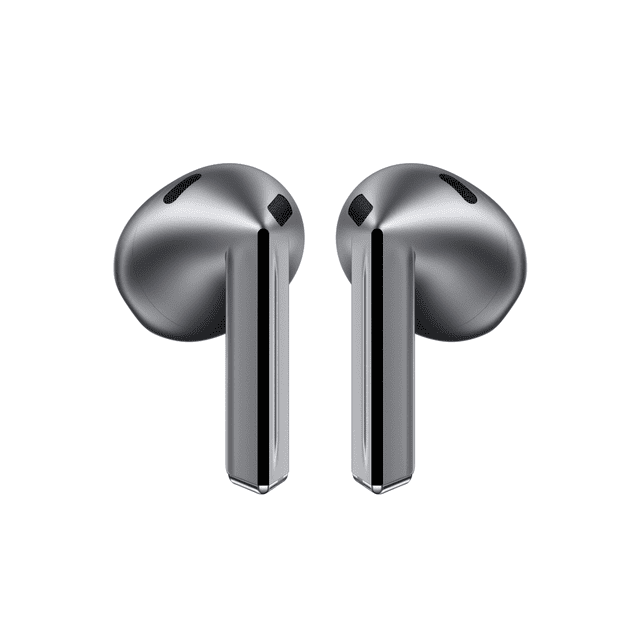 Samsung Galaxy Buds3 true wireless earbuds in grey with a matte finish, front-facing view showing elongated stems with black touch control strips and speaker grills on the rounded earbud heads, designed for active use with adaptive noise control and 360 Audio, also suitable for immersive sound and hands-free calls.