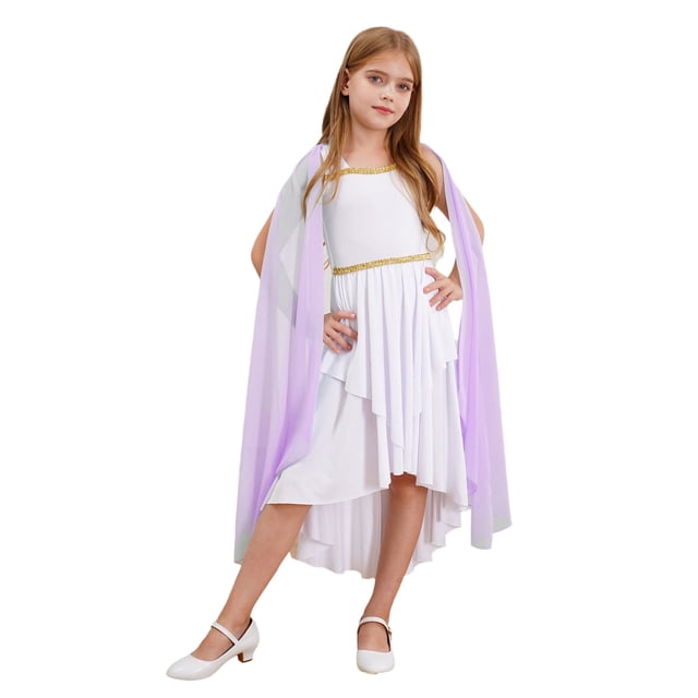 Moggemol Robe Trapèze en Mousseline à Manches Courtes Cape Princesse pour Filles Enfants Thème Fête Robe de Bal Lavande 12