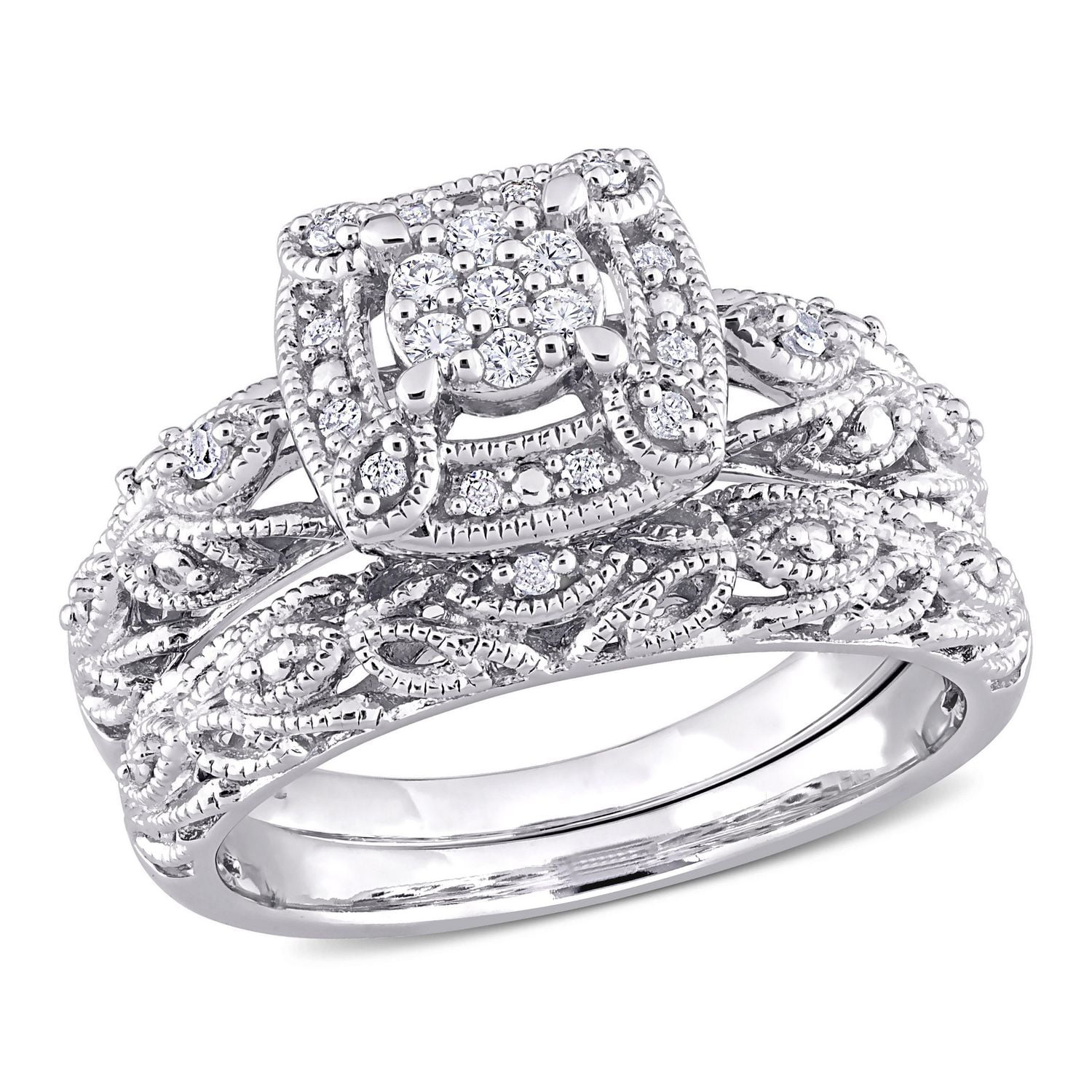 Ensemble nuptial filigrane cluster de Miabella avec 1/5 carat poids total de diamants en argent sterling