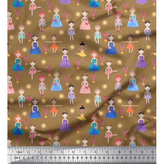 Soimoi Polyester Crepe Fabric Floral,Medal & Girl Cartoon Print Sewing Fabric Yard 42 Inch Wide