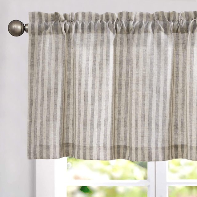 Valance Curtain Linen Textured Striped Window Curtain for Living Room Light Filtering Ticking Stripe Farmhouse Valance for Kitchen Rod Pocket 1 Panel 16 Inch Taupe Grey on Beige 1 Panel