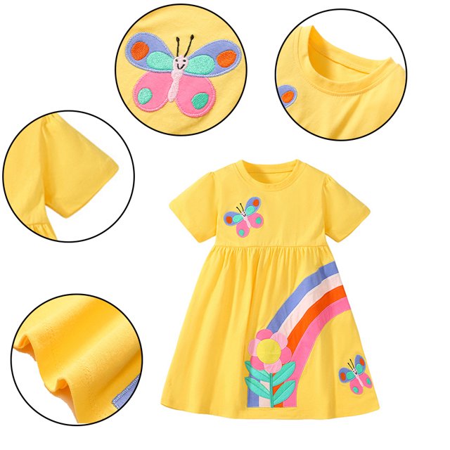 KYAIGUO Robe Décontractée en Coton pour Bébé Fille Manches Courtes Imprimé Dessin Animé Robes Enfants Jupe Princesse pour 2-7 Ans