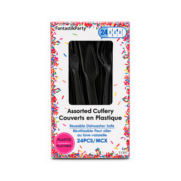 Fantastik Party Black Plastic Assorted Cutlery Set, 24 Pieces