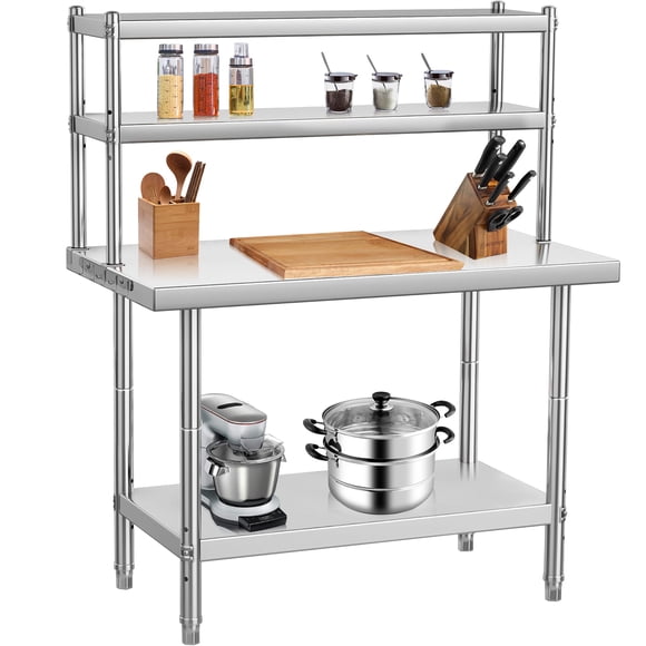 Senfot 39 x 24 Inch Custom Multifunctional Kitchen Stainless Steel Workbench, Equipped with Double Layer Desktop Storage Shelf for Food Prep