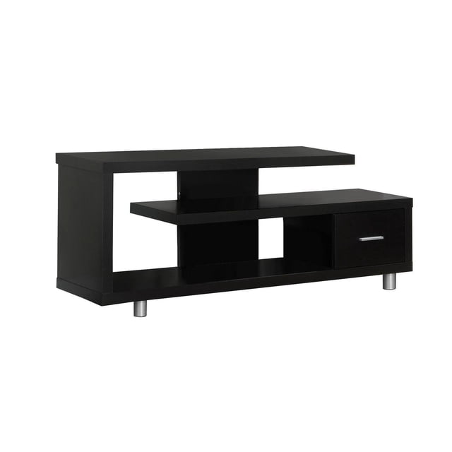 Monarch Specialties TV Stand, 60 inch, black laminate entertainment center with contemporary design, featuring open shelving and a single drawer with silver handle, supported by two silver legs, ideal for media storage in living rooms or bedrooms.