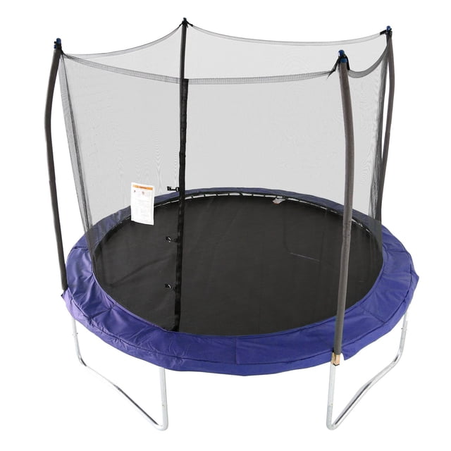 SKYWALKER TRAMPOLINES 10 FT, round outdoor trampoline with blue UV-resistant spring pad and black polypropylene jumping mat, featuring a black safety enclosure net with padded poles on a rust-resistant galvanized steel frame, meeting ASTM safety standards for backyard play.