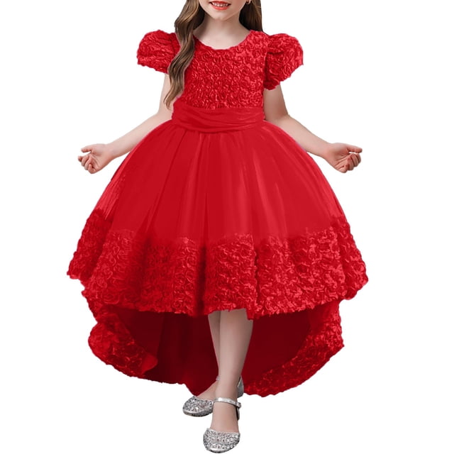 MIASHUI Robe en Dentelle Princesse pour Fille, Demoiselle d'Honneur, Mariage, Concours, Fête, Bal, Vacances, Tulle, Rouge, 9-10 Ans
