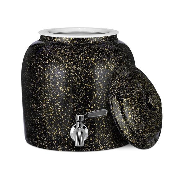 Geo Sports Distributeur d'Eau en Porcelaine Céramique Type Crock, Robinet en Acier Inoxydable, Valve et Couvercle Inclus. Convient aux Cruches de 3 à 5 Gallons. (Noir avec Taches Jaunes)