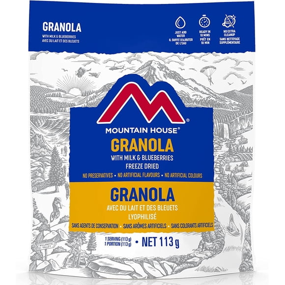 Mountain House Granola with Milk and Blueberries Pouch | Freeze Dried Backpacking & Camping Food | Survival & Emergency Food | Breakfast Meal | Easy to Prepare | Delicious and Nutritious | 6 Pouch