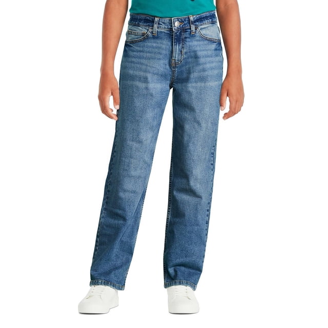 George Boys' Loose Fit Denim in faded blue featuring a cotton-rich stretch fabric with a classic 5-pocket design, belt loops, and button zipper fly closure. The loose fit through hip and thigh with straight legs offers comfort for school or casual wear.