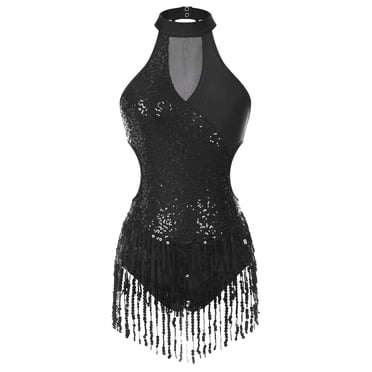 renvena Sparkling Tassel Fringed Latin Jazz Dance Costume Color Block Lyrical Dance Dress for Women Black XXL