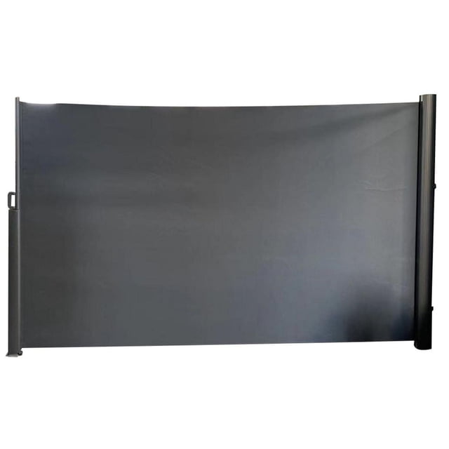 Outdoor patio privacy retractable side awning screen in charcoal colour, 55 inches high and extendable up to 118 inches, with rustproof aluminum frame and waterproof, UV-resistant polyester fabric, featuring a handle for easy opening and closing, suitable for shade, privacy, or wind protection.