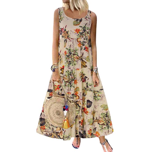 Sexy Dance Robe d'Été de Plage pour Femmes à Manches Courtes Longue Robe Robes Maxi Bohème Beige TG. une Robe Maxi Beige Sans Manches avec un Imprimé floral vibrant, Présentant un design Trapèze et un Encolure Ras du Cou. Fabriquée à Partir d'Un Mélange Léger de 65 % Coton et 35 % polyester, Cette Robe de Style Bohème Est Idéale pour les occasions Décontractées, les Vacances Ou les Sorties à la Plage. le Modèle l'Agence avec un Sac à Main Rond Tissé et des Sandales, Mettant en Valeur Sa Polyvalence pour le Printemps et l'Été.