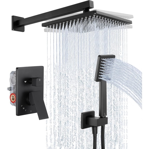 Ensemble de Douche Tête de Douche Pluie avec Système de Douche à Main Douche de Salle de Bain Mural Complet Inclus Valve et Kit de Garniture de Douche Mat