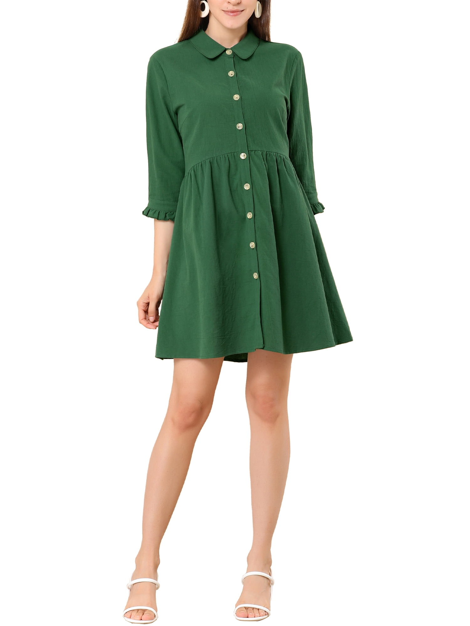 INSPIRE CHIC Women's Shirt Dress 3/4 Sleeve Button Down Mini Dresses S Dark Green