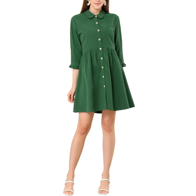 INSPIRE CHIC Women's Shirt Dress 3/4 Sleeve Button Down Mini Dresses S Dark Green