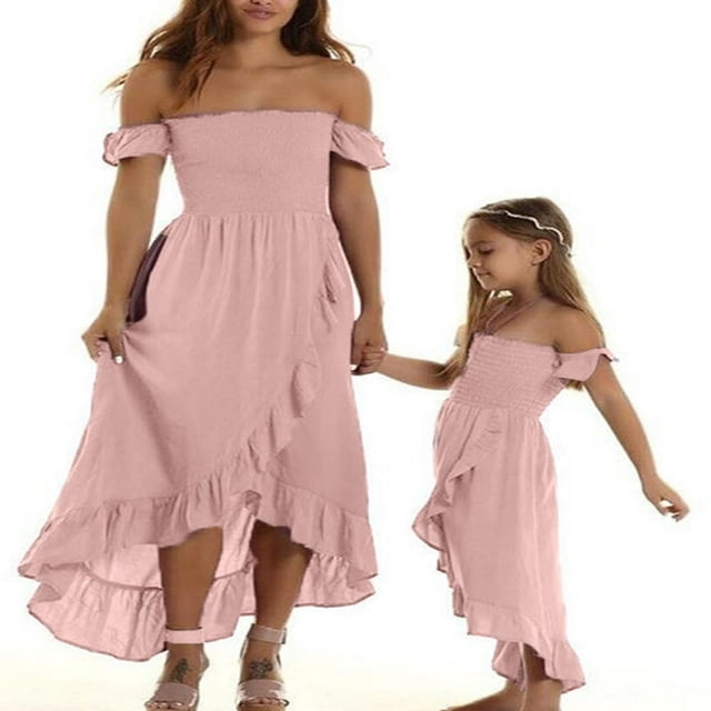 Mommy and Me Dress Matching Outfits Off Shoulder Beach Boho Maxi Ruffle Chiffon Dress for Mother and Daughter