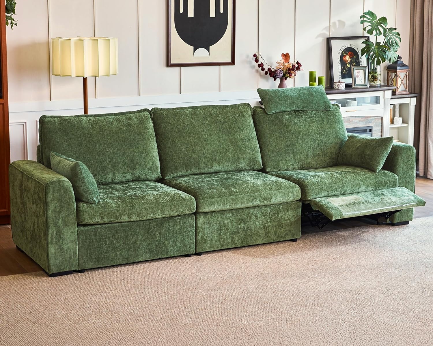 BEDEEP 125'' Power Recliner Sofa with Headrest, Moduar Cloud Sectional Chenille Reclining Couch, Convertible 3-Seater Sofa Couch for Living Room RV, Green
