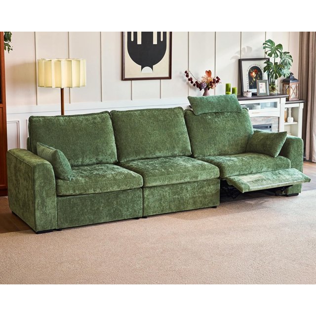 BEDEEP 125'' Power Recliner Sofa with Headrest, Moduar Cloud Sectional Chenille Reclining Couch, Convertible 3-Seater Sofa Couch for Living Room RV, Green