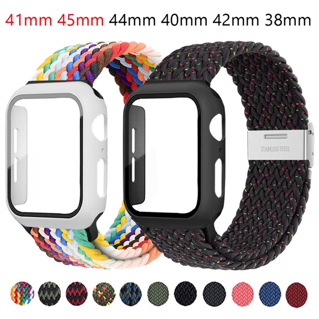 LEIXIUER Nylon Band for Apple Watch Bands with Case 38mm 42mm, Adjustable Braided Solo Loop with Glass Screen Protector Case ,Soft Wristband Stretch Nylon Elastic Strap for iWatch Series 3 2 1