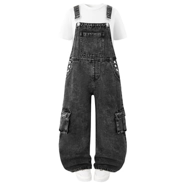 Ketyyh-chn99 Girls Cut Out Wide Leg Jeans Girls Denim Overalls Kids Wide Leg Jeans Dungarees Pants Soft Stretchy Jeans Jumpsuit Size for 9-10 Years,Black