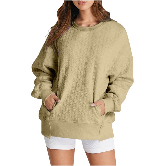 MeetoTime Women's Crewneck Sweatshirts Fall Long Sleeve Oversized Pullover Sweatshirts with Pockets