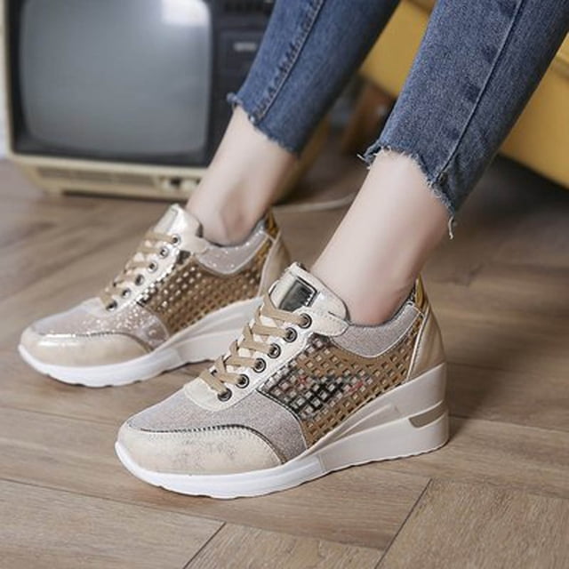 LSLJS Espadrilles à Lacets Décontractées à Plateforme Compensée à Talon, Chaussures Simples à Paillettes pour Femmes, Espadrilles pour Femmes