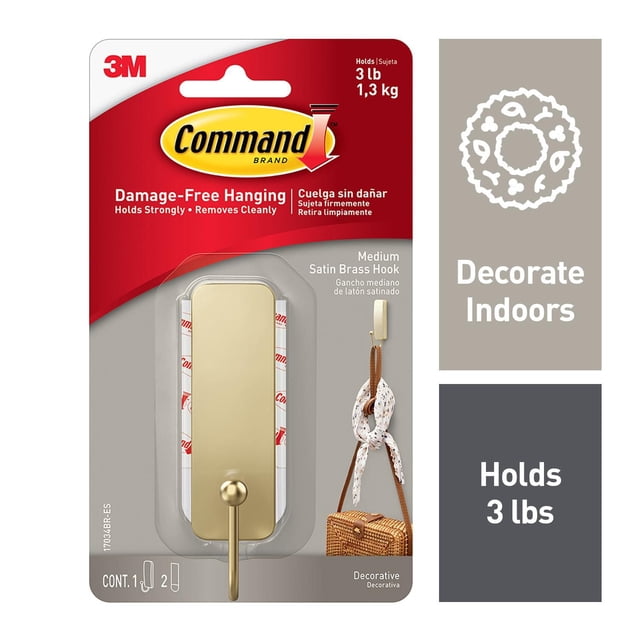 Command Hooks Décoratifs Revêtus de Métal, 17034BR-EF Crochet en Laiton Satiné Moyen dans Emballage avec Bande Adhésive, Supporte 3 Lb, Conçus pour une Suspension Sans Dommages sur les surfaces Intérieures comme les Murs et les Portes, Idéal pour Organiser Manteaux, Sacs et Foulards Sans Clous Ni Marques.
