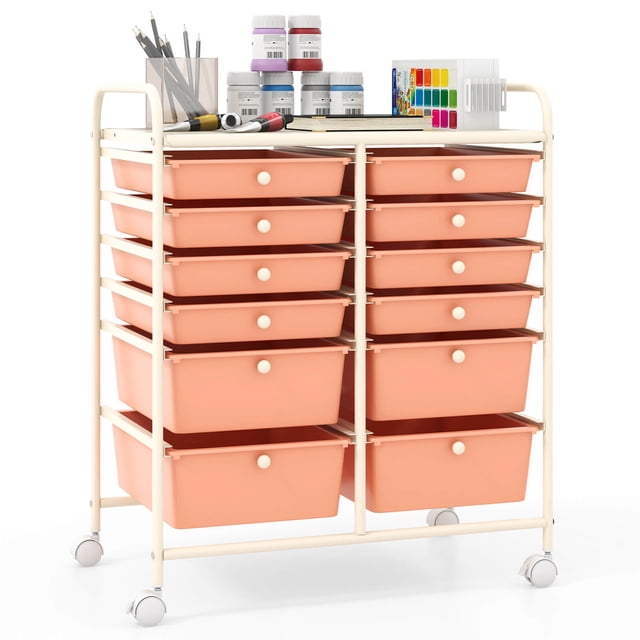 Costway 12-Drawer Rolling Storage Cart with 2 Sizes Plastic Drawers Skin Pink