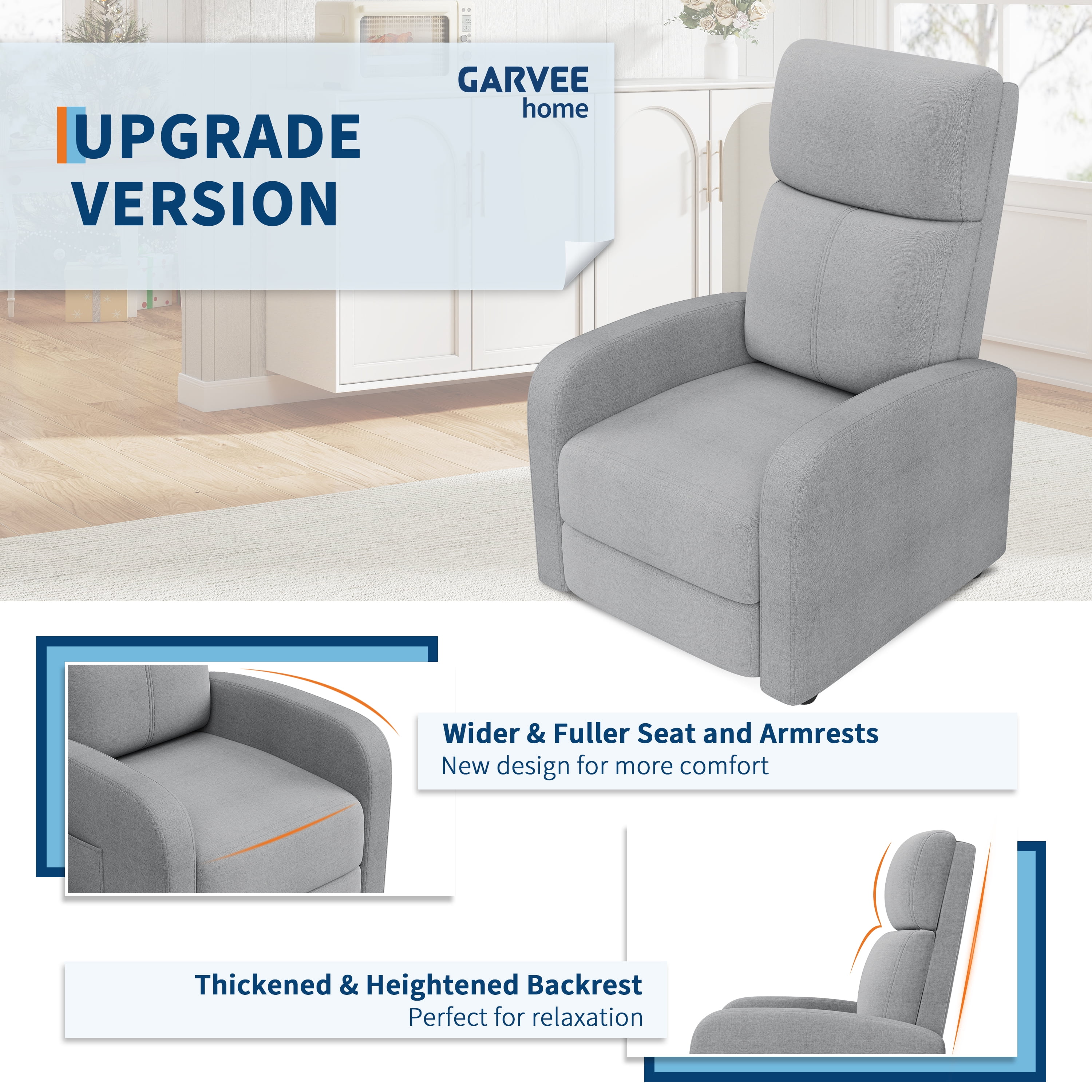 AKDSteel Ergonomic Manual Recliner Chair, High Back Single Sofa With Soft Cushion, Wide Arms, And Side Pocket