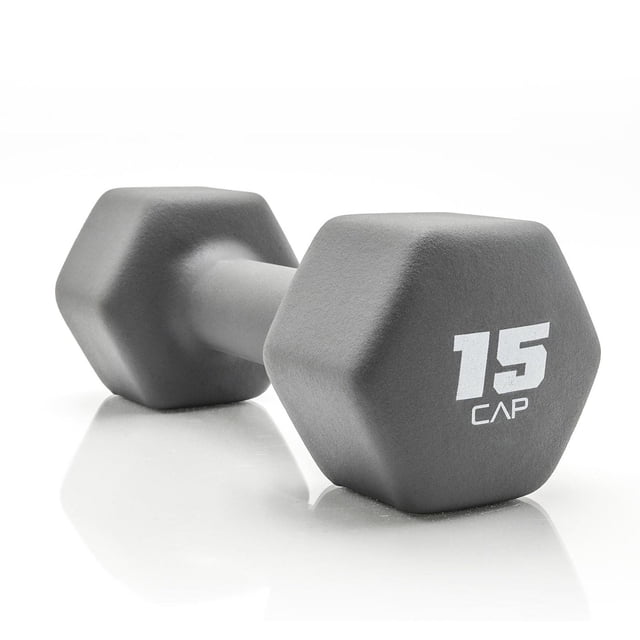 CAP, 15lb Neoprene Dumbbell, Cool Gray, Single shown in a close-up angled view with hex-shaped heads and a durable neoprene coating for a secure grip, ideal for strength training and muscle workouts, resting on a reflective white surface.