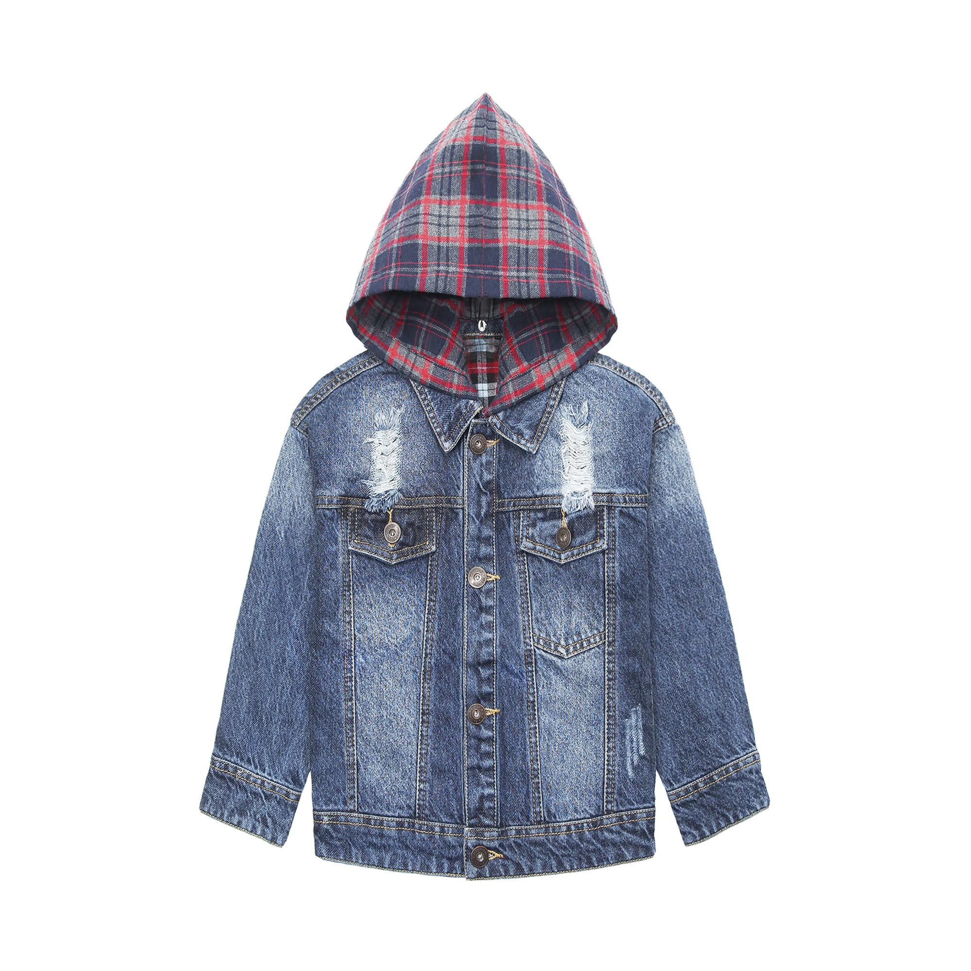 KIDSCOOL SPACE Petit Enfant Veste à Capuchon en Jean Bleu Déchiré à Carreaux 12T