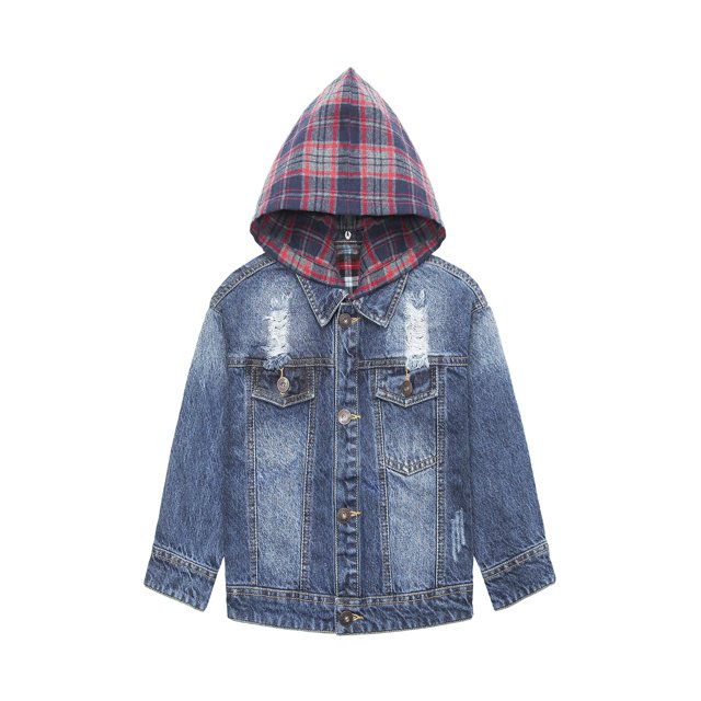 KIDSCOOL SPACE Little Kid Blue Ripped Plaided Jean Hooded Jacket 6T