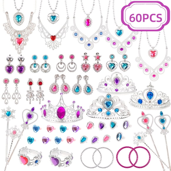 Amdohai 60pcs Princess Jewelry Toy Set for Little Girls Princess Pretend Play Set with Earrings