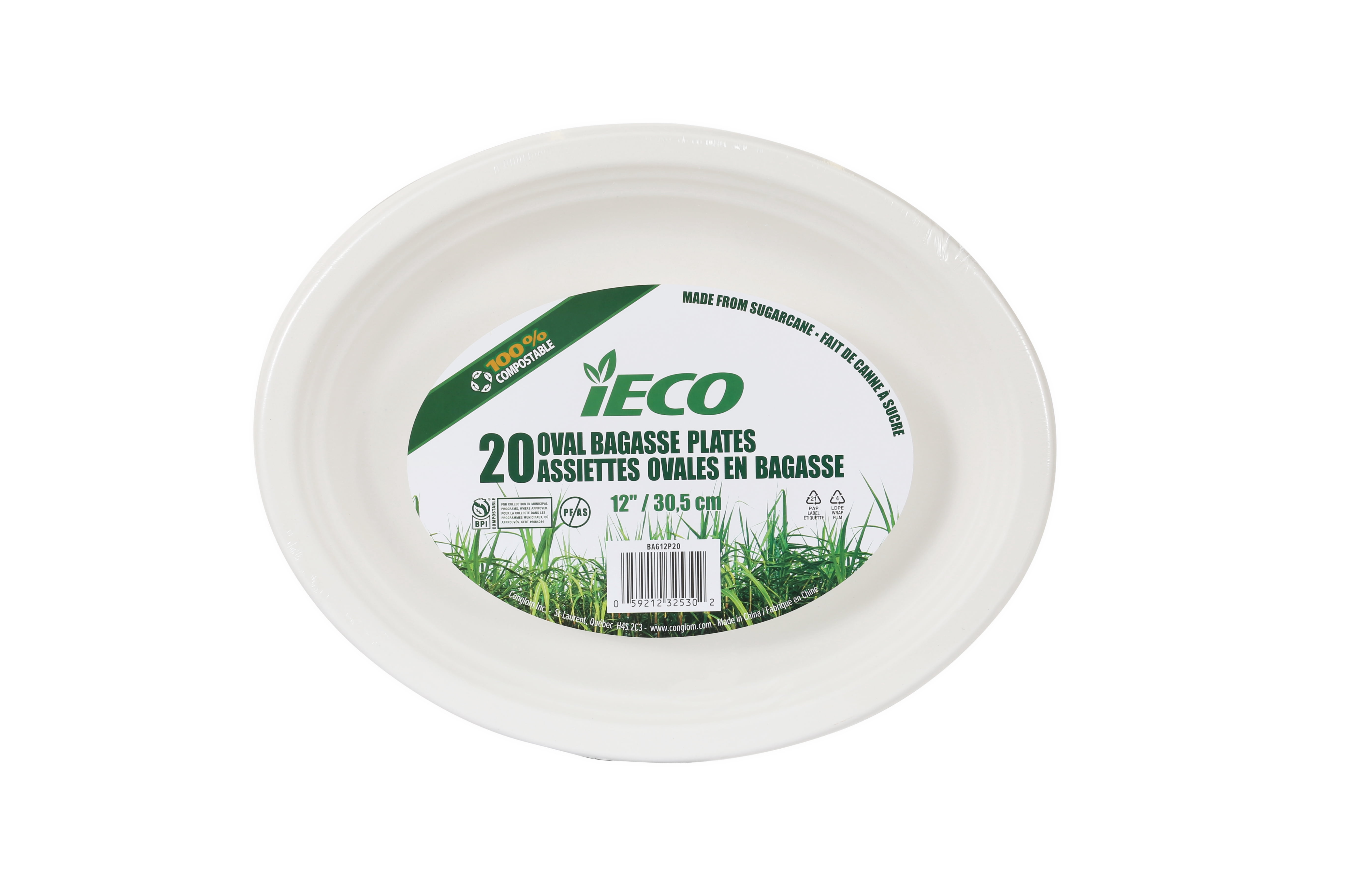 iECO Plateau ovale en bagasse 12 po, 20 unités