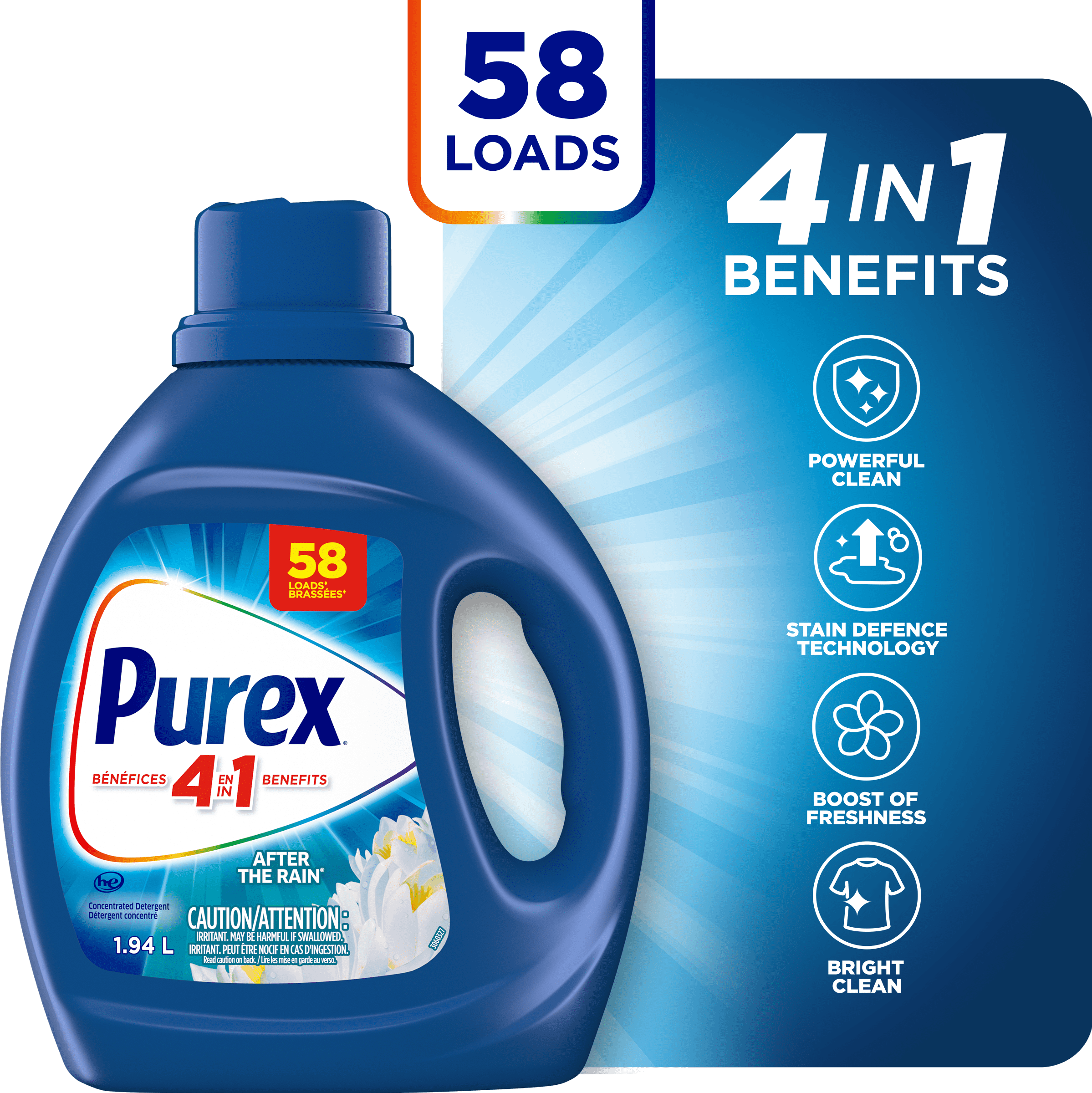 Purex® AFTER THE RAIN® liquid laundry detergent, Concentrated with 4in1 benefits, Tough on Stains, Brightens and Whitens Clothes, 1.94L, 58 Wash Loads, HE Compatible, 1 bottle