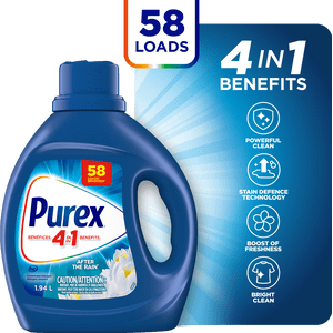 Purex® AFTER THE RAIN® détergent liquide pour lessives, concentré avec 4in1 avantages, Tough sur les étamines, Brightens et Blancins vêtements, 1.94L, 58 Charges de lavage, HE Compatible, 1 bouteille