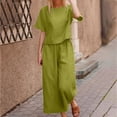 thumbnail image 2 of Womens Pants Suit Round Neck Short Sleeve Solid Color Tops Wide Leg Pants Ladies Summer Casual Pants Set, 2 of 4