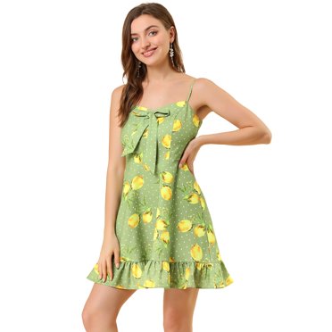 INSPIRE CHIC Robe à Pois Citron pour Femme à Bretelles Spaghetti avec Nœud