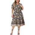 thumbnail image 2 of GRACE & GRANDEUR Robe Midi Trapèze d'Été Bohème Décontractée à Col en V à Manches Courtes à Imprimé Floral pour Femme Grande Taille3X Noir, 2 of 6