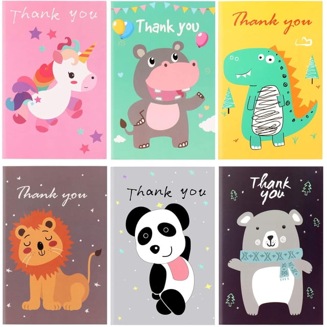 24 Thank You Cards with colorful animal designs, including unicorn, hippo, dinosaur, lion, panda, and bear. Perfect for kids, these cards measure 15 x 10 cm folded and 15 x 20 cm unfolded, paired with 24 recyclable white envelopes sized 16 x 11 cm. Blank inside for personalized messages, ideal for expressing gratitude for birthdays, graduations, or everyday kindness.