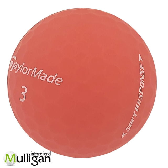 Mulligan - 48 Taylormade Soft Response 4A Recycled Used Golf Balls, Red showing a close-up of a single red matte golf ball with dimpled surface, white Taylormade logo, number 3, and Soft Response branding, eco-friendly recycled golf ball suitable for players of all skill levels and often used for practice rounds.