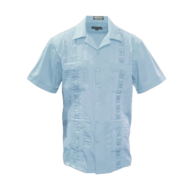 Gravity Threads Mens Guayabera Summer Shirt in light blue, size X-Large. This classic Cuban button-down shirt features vivid embroidery designs along both sides and four front pockets for convenience. Made of 60% cotton and 40% polyester, ideal for summer occasions and suitable as workwear tops.