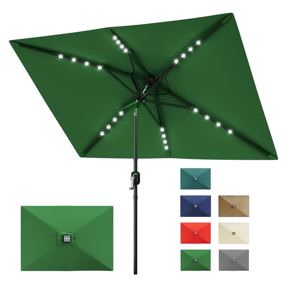 Parasol Rectangulaire Solaire pour Patio 10 x 6,5 Pieds avec Lumières DEL – Protection UV – Résistant à la Décoloration – Manivelle et Inclinaison à Bouton-Poussoir – Auvent Robuste avec Évent – Pare-Soleil Extérieur pour Patio, Jardin, Terrasse, Piscine – Vert Foncé