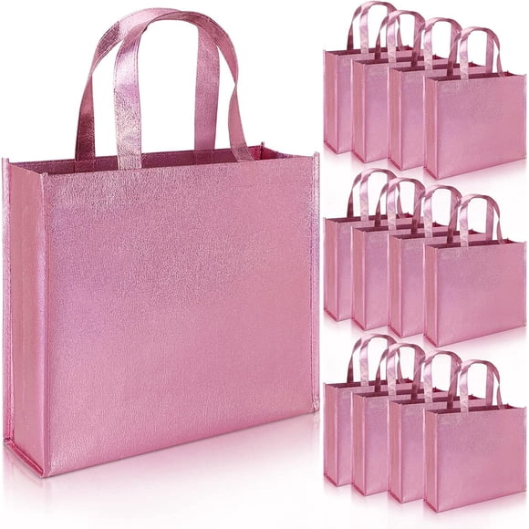 PHOGARY 12 Pack Large Gift Bags with Handles, Stylish Party Bags for Birthday Bachelorette Wedding Party Favor Bridal Shower Wrap, Reusable Goodie Bags, Non-woven Fabric, Pink