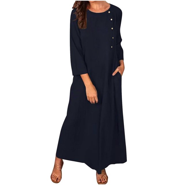 CHOK Robes d'Été Décontractées pour Femmes Robe Haute en Coton Lin Manches 3/4 Ample Légère Longue avec Poches